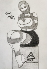 Bound and gagged woman sitting on a Meza Entertainment