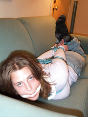 Hogtied in jeans and socks