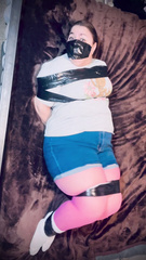 Curvy girl duct taped in shorts