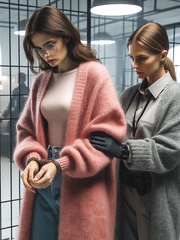 Arrested in wool cardigan and sweater