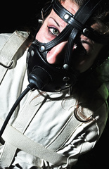 Straight jacket, stockings, and pump panel gag