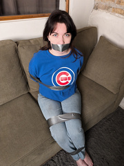 Hogtied with duct tape in Cubs sweatshirt