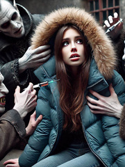 Story, vampires, brow hair, blue down jacket