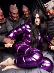 Story, Sherpas, black hair, shiny purple puffy suit