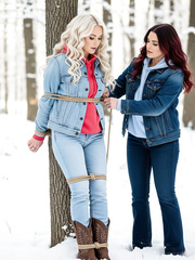 Girls in denim jackets bound and gagged