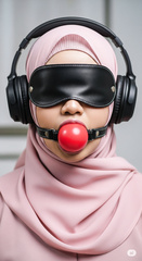 AI women wearing gag and blindfold