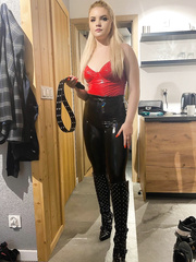 Navlia in red latex top